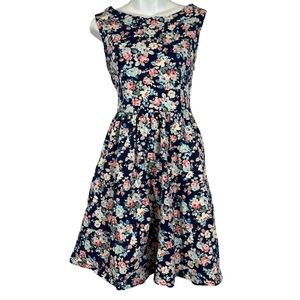 Lindy Bop Navy Blue Floral Fit & Flare Skater Sleeveless Women's Dress sz XL